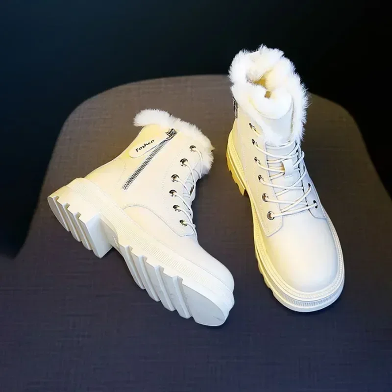 2023 Snow Boots Plush Warm Medium Boots Women\'s Black and White Winter Thickened Warm Snow Flat Shoes Zapatos Mujer Black Botas