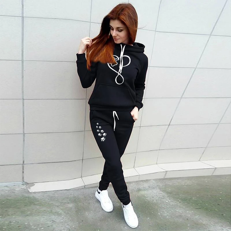 Women\'s casual sportswear 2-piece set sportswear long sleeved printed top casual pants sportswear jogging set S-2XL