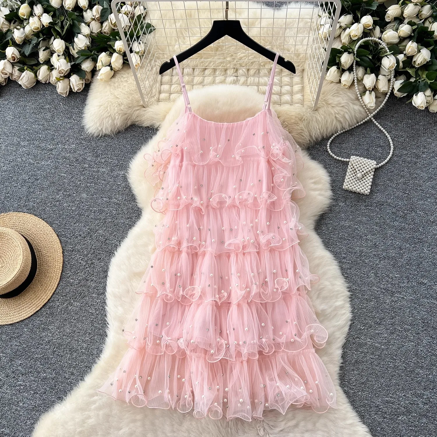 Roze mesh jurk dames kralen diamanten mouwloze zomervakantie feest vestidos bodycon streetwear chique kleding dame