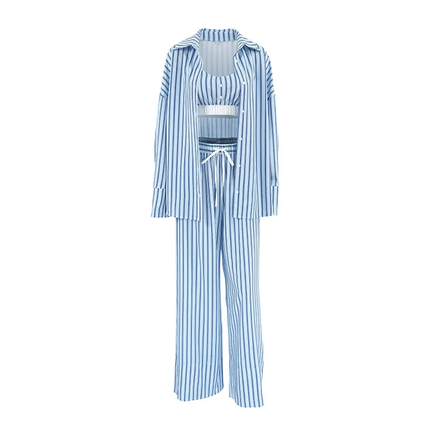 2024 Blau gestreift bedruckt Damen Loungewear Weste Strickjacke Langarm Lange Hosen Pyjama 3-teiliges Set Sleepwewar zum Schlafen