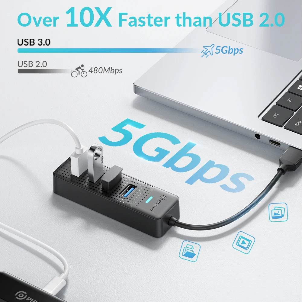 PHIXERO 4 Ports USB 3.0 HUB 5Gbps High Speed Multi Type C Splitter Ultra-Slim OTG Adapter For PC Computer Accessories Macbooks