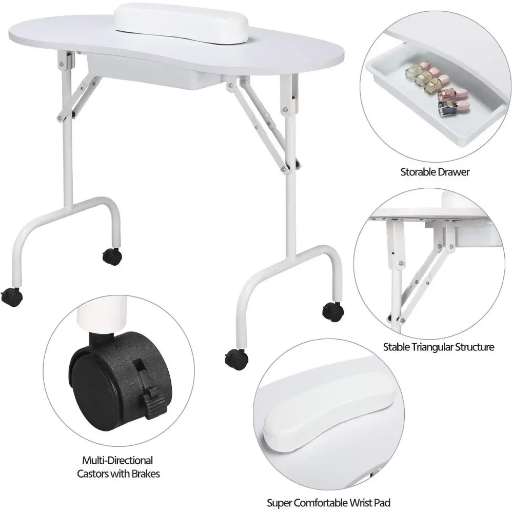 37inch Manicure Table Foldable Workstation w/Carrying CaseWheels for Spa Beauty Salon and Adjustable Low Back Armless Nail Desk