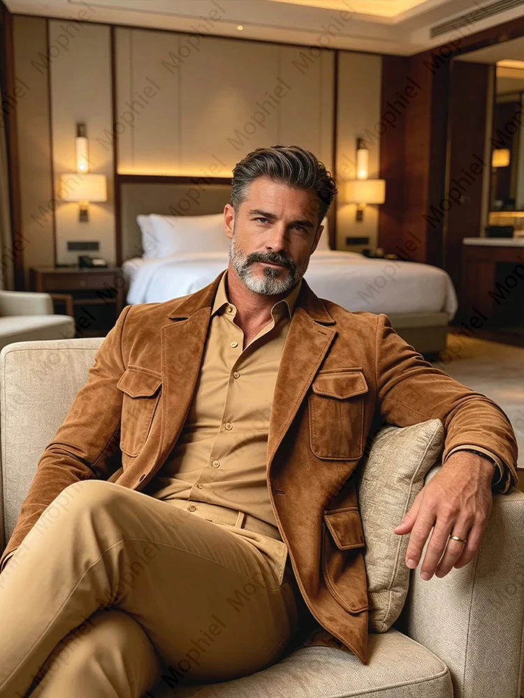 Men's Brown Suit Flannel Safari Blazer Vintage Slim Fit Multi-Pocket Casual Hunting Jacket Fashion Business for Daily Tuxedo