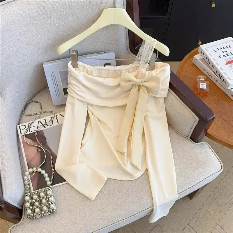 

One-shoulder Bow Shirt for Women Spring Summer Slim-fitting Off-shoulder Shirt Unique Beautiful Inner Top
