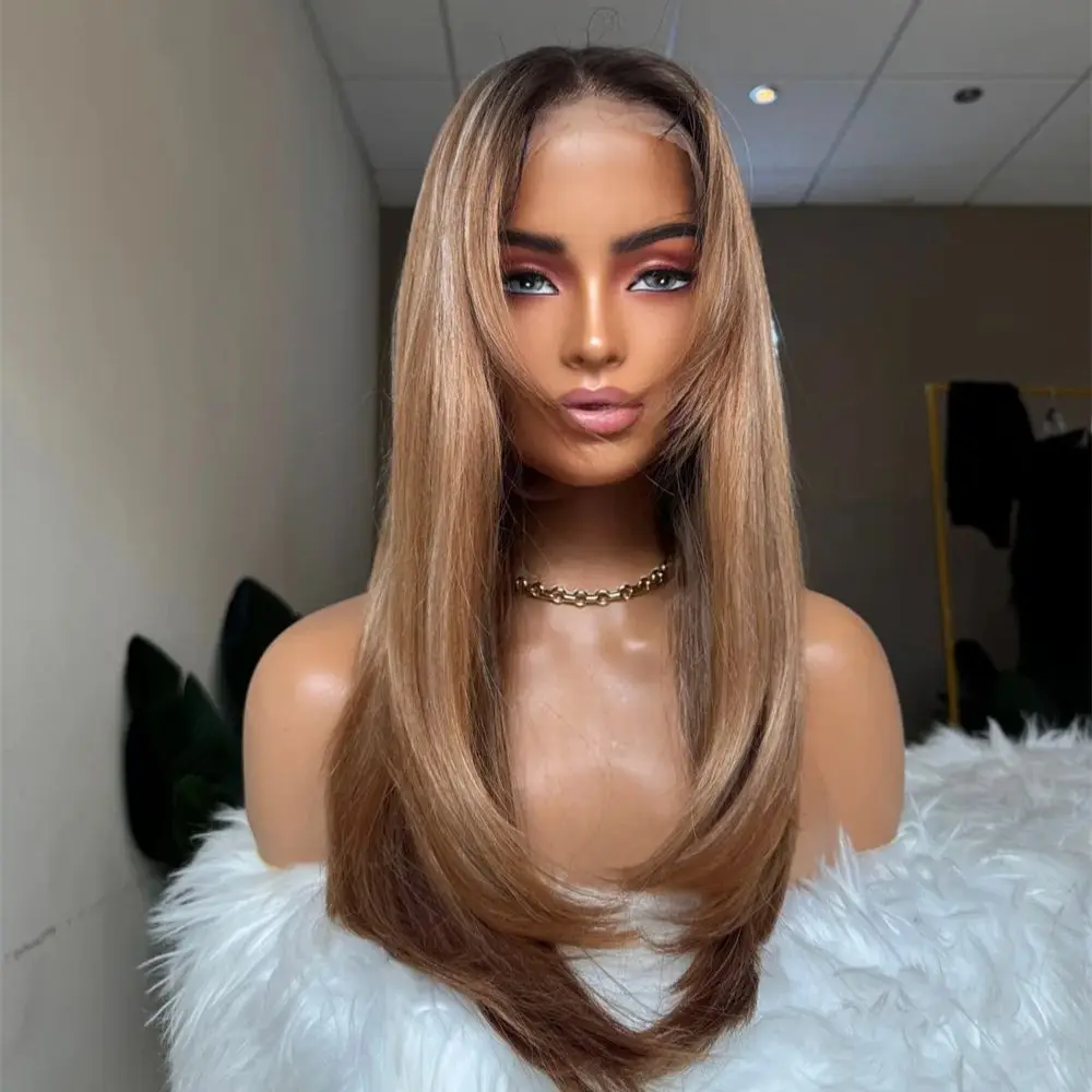 Blonde Softlights Layered Auburn Wig Synthetic Lace Wigs for Women 13x4 Lace Front Wig Pre Plucked 24Inch Straight Wig Daily Use
