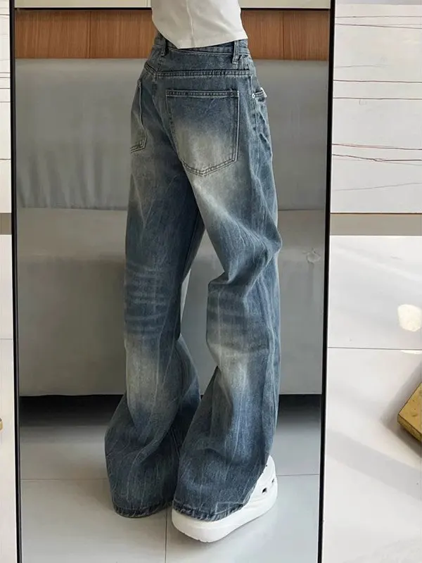 

Ретро-джинсы в американском стиле, широкие, синие, с высокой талией, свободные, больших размеров, длиной в пол, для женщин