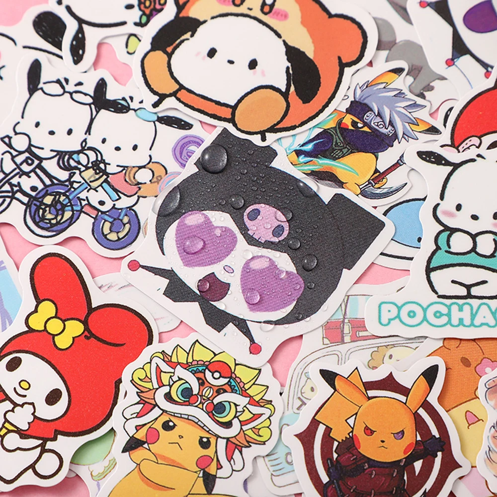 60pcs Cute Sanrio Cartoon Stickers Hello Kitty Kuromi Melody Kawaii Stationery Wall Decals DIY Toys Kids Sticker With Box Gifts