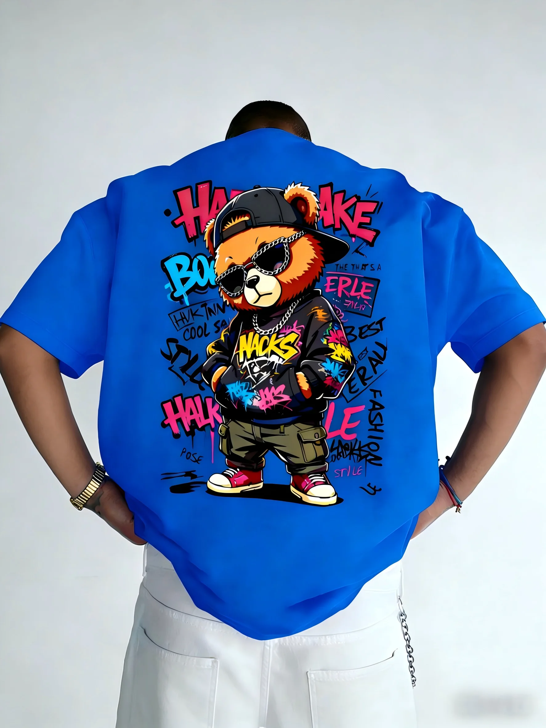 European and American Men's Summer Teddy Bear Graffiti Print Comfortable and Breathable Round Neck T-Shirt Outdoor Street Top image 5