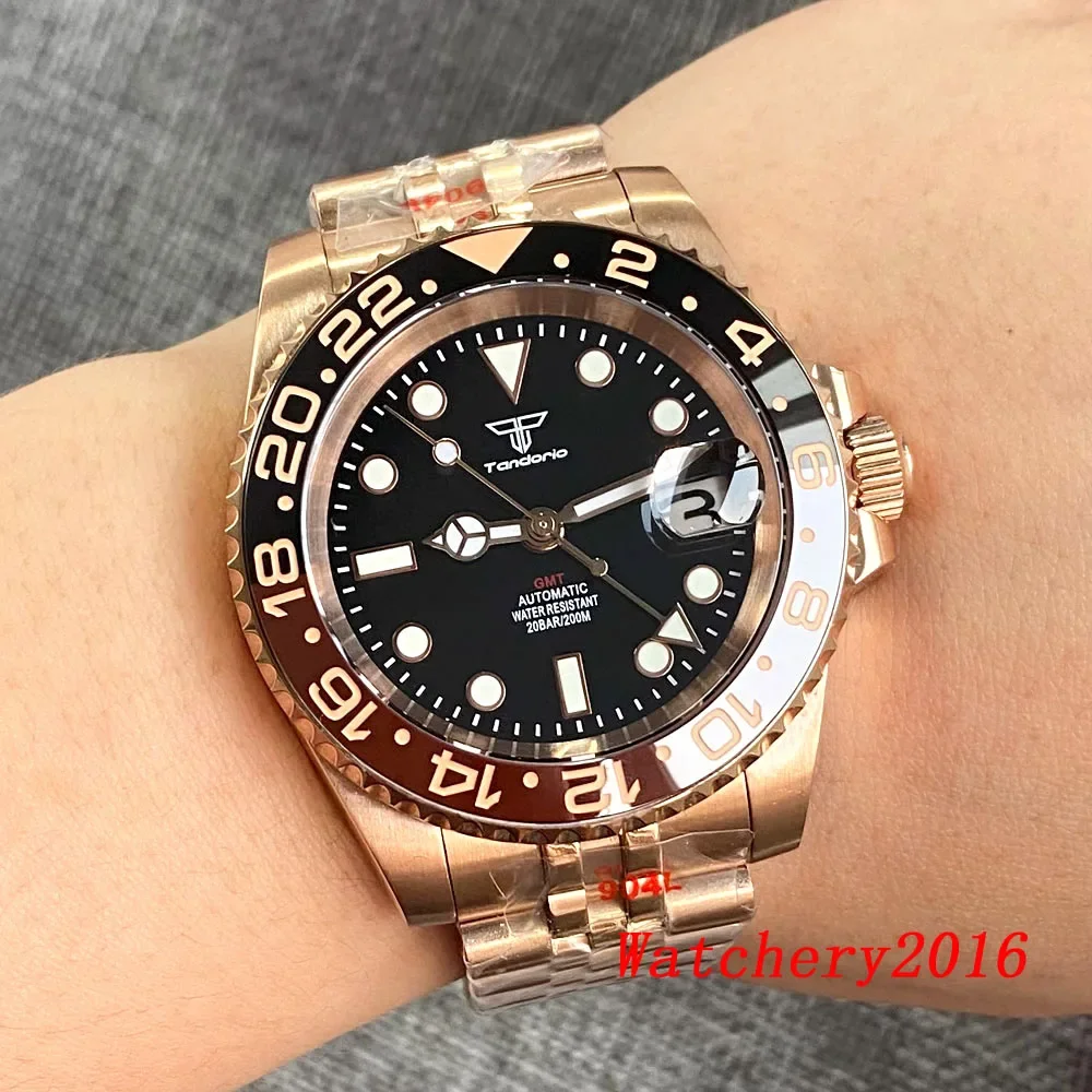 

Rose Gold Men's Tandorio 40mm NH34 NH34A GMT Luminous Mechanical Automatic black dial sapphire glass ceramic bezel