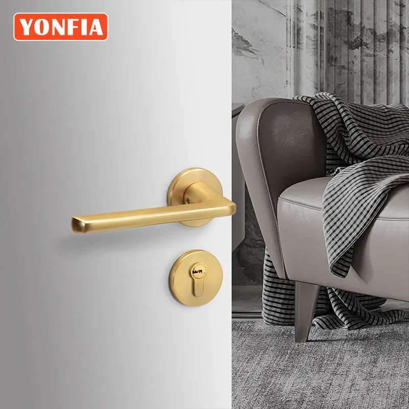 

YONFIA A8142R01 New Designer Aluminium Lever Door Handle Set Toilet Bathroom Door Handle Lock Gold For Door Hardware DIY