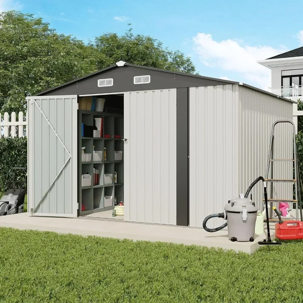 

10x8 FT Outdoor Storage Shed, Galvanized Steel Metal Garden Shed, Double Door W/Lock, Outdoor Storage Tool House for Backyard