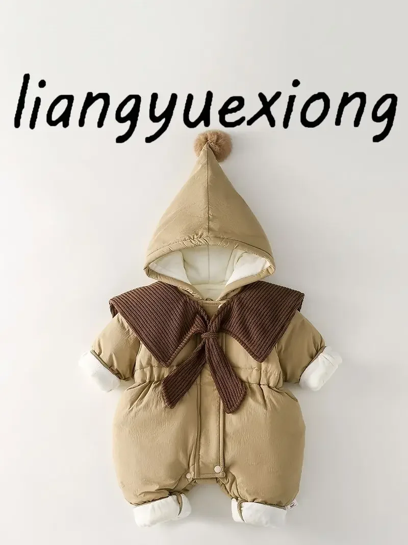 Baby Girls Thick Jumpsuit Winter Cotton Clothes Warm Jacket Cotton Clip New Velvet Cotton Hooded Rompers
