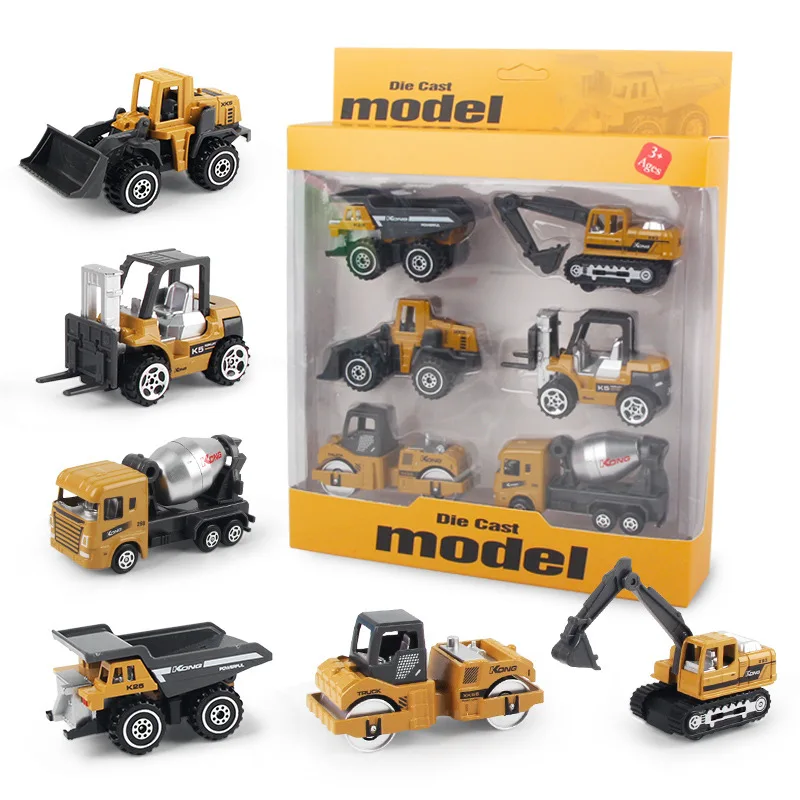 Set de 6 Vehículos de Ingeniería Fundidos a Presión a Escala 1:64, Mini Modelos Deslizantes de Aleación: Excavadora, Hormigonera, Carretilla Elevadora, Rodillo Compactador, Volquete, Regalo para Exhibición de Escritorio