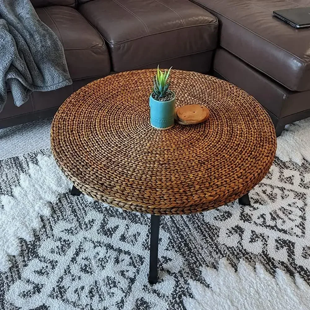 RANDEFURN-Round Coffee Table, Seagrass Coffee, Solid Pine Wood, X Base Frame, Cocktail  Easy Assembled, Multiple Sizes