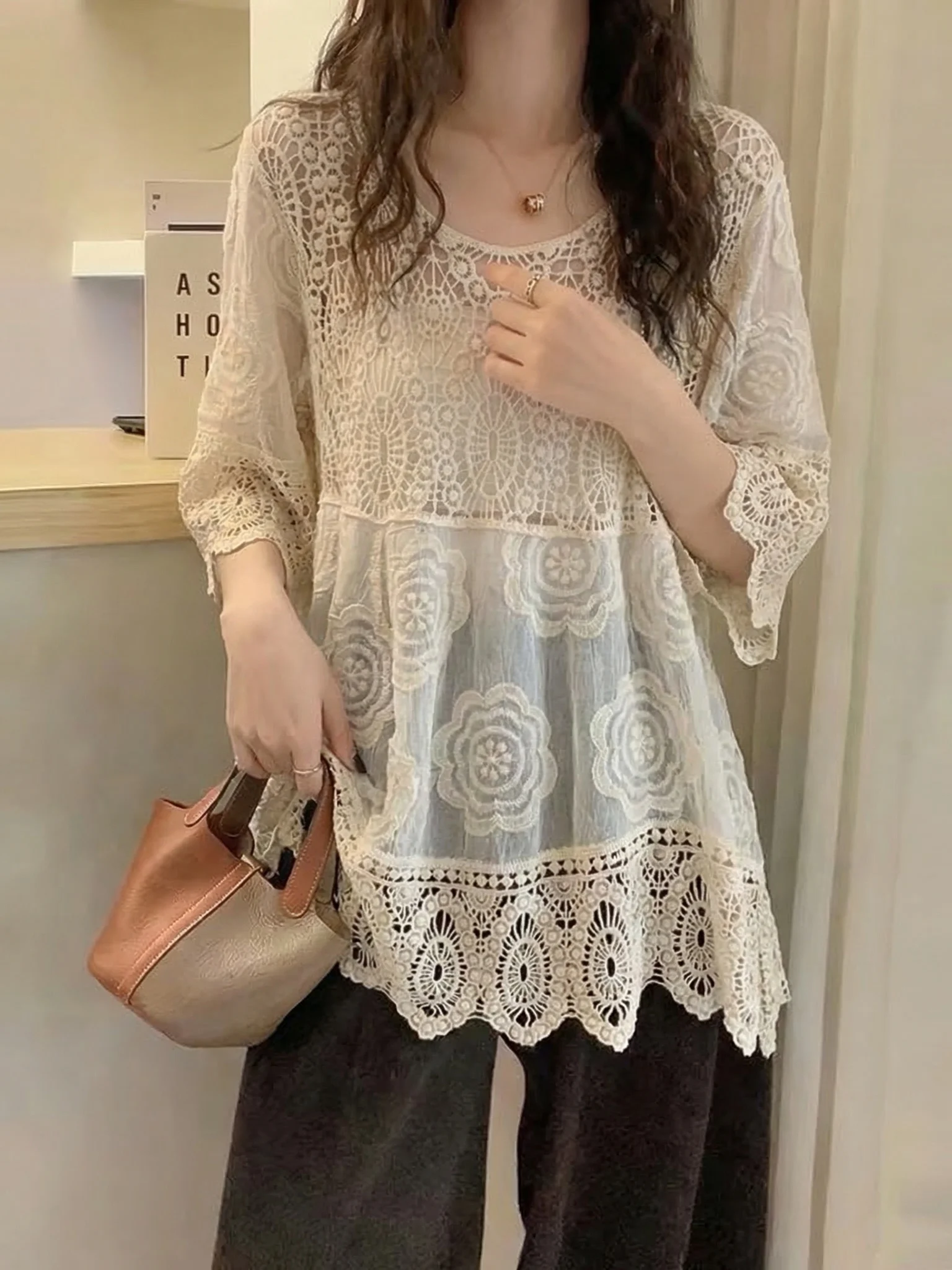 

Bohemian Style Hook Flower Hollow Short Sleeve Women's Chiffon Top Spring Summer New plus Size Outerwear Cover up