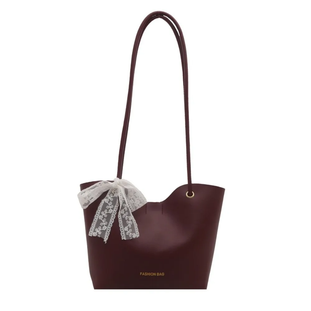 

Однотонная кожаная сумка-тоут в стиле ретро, большая вместительная сумка на плечо в корейском стиле с кружевными лентами, сумка для подмышек, женская сумка на каждый день