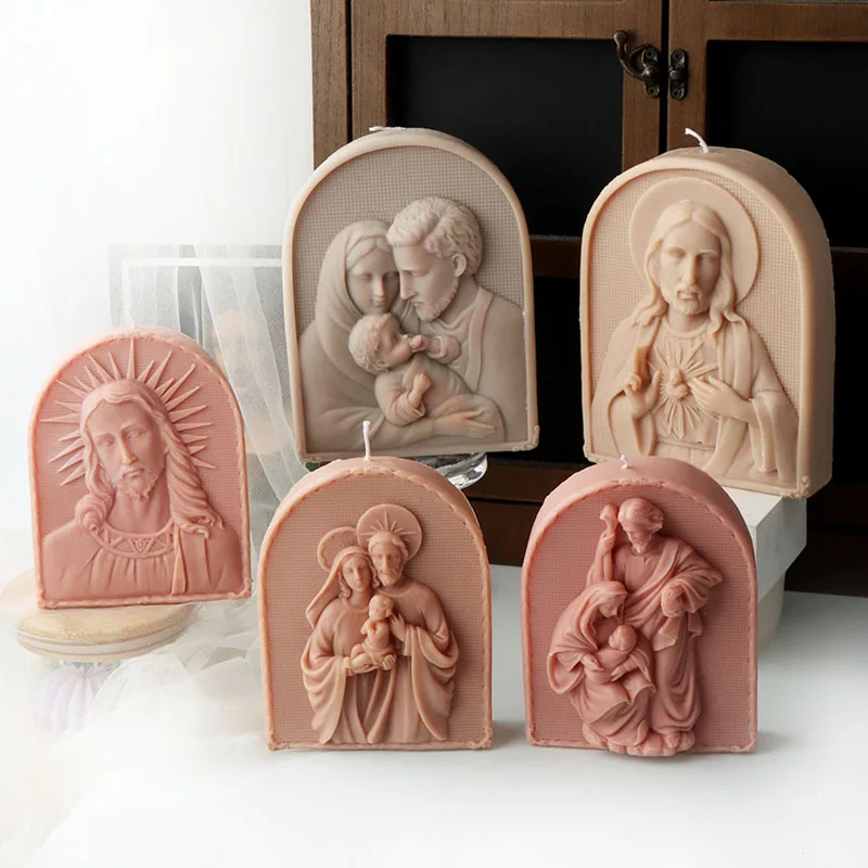 DIY Jesus Family Photo Frame Modeling Candle Silicone Mold Handmade Holy Jesus Sculpture Gypsum Candle Resin Mould Home Decor