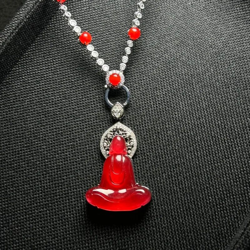 

Certified Natural High Ice red Jade Jadeite carving Pendant&Necklaces Silent Buddha