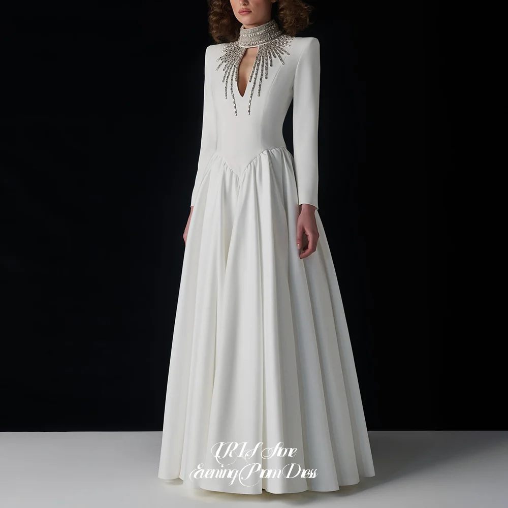 Luxury A‑Line Wedding Evening Dresses for Women Long Sleeve High Neck Keyhole Crystal Beaded Evening Bridal Party 2026