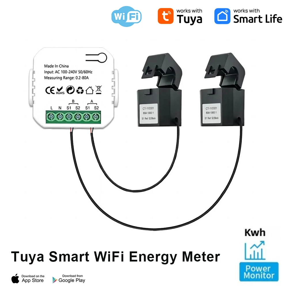 Tuya Smart 2 Way WiFi Energy Meter Bidirection 1/2 Channel with Clamp App Monitor Solar Produced and Consumed Power AC110V 240V