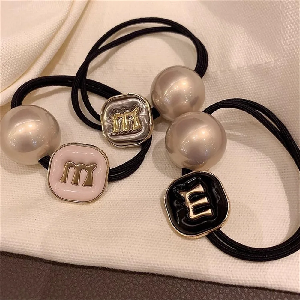 

Elegant Metal Letter Hair Ties with Pearl High Elastic Durable Ponytail Holder Hair Bands Women Girls Daily Hair Loop Headwear