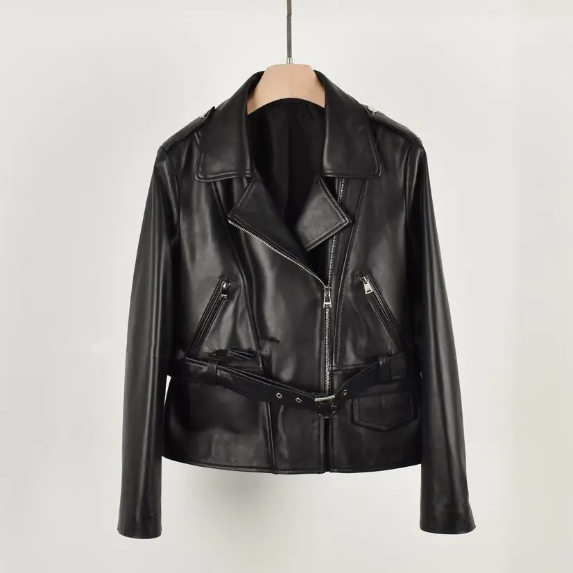 Veste de moto ceinturée à revers en peau de mouton pour femme, manteau en cuir véritable, court, automne, nouveau, 2023, Y4383