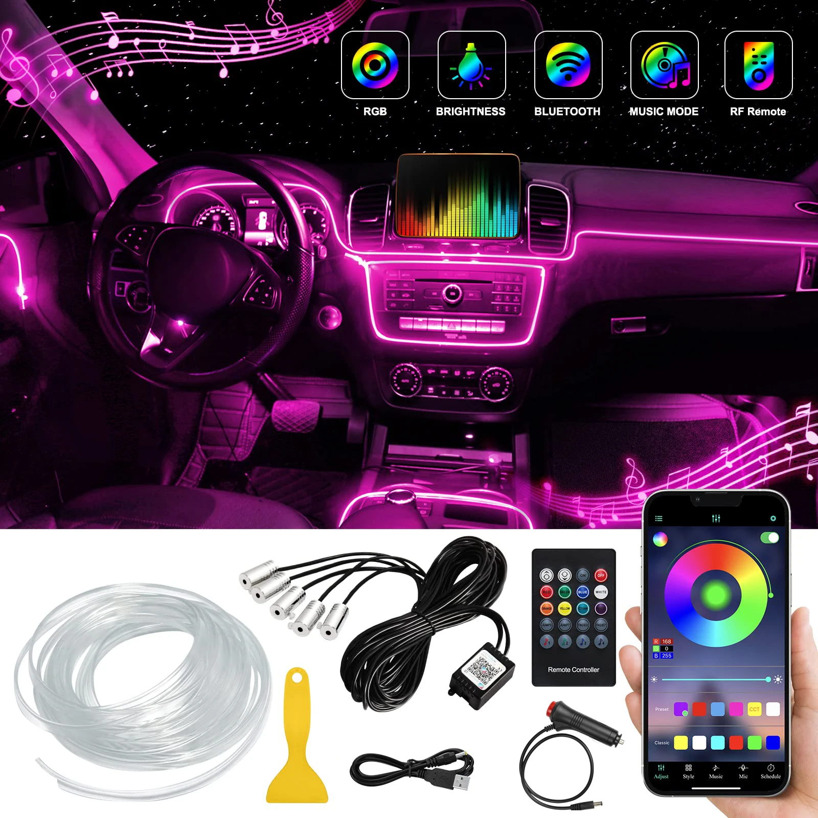 5 in 1 LED Car Interior Ambient Lights Neon Fiber Optic Lighting Kit with APP Remote Music Control RGB Auto LED Decorative Lamps