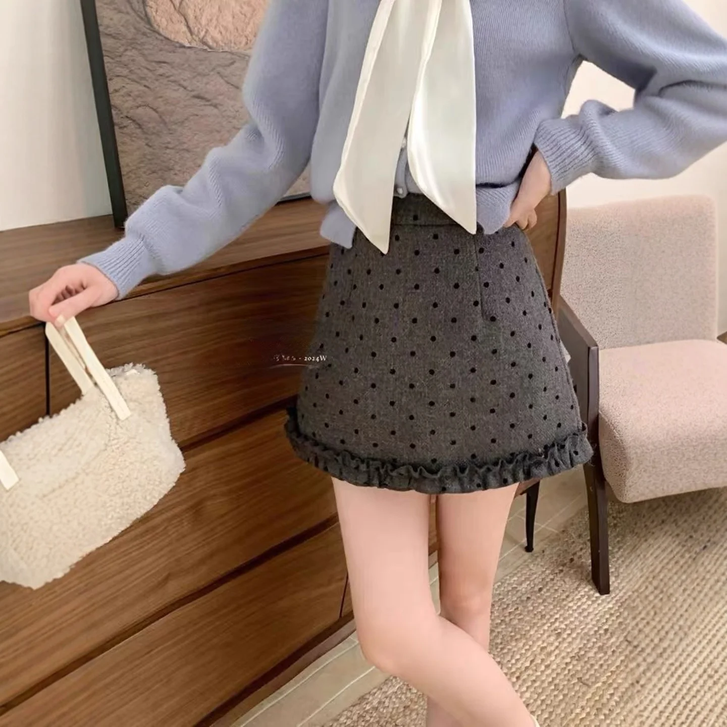 

Модная юбка А-силуэта с бантом и узором в горошек из шерстяной ткани для женщин, корейская юбка для повседневной носки