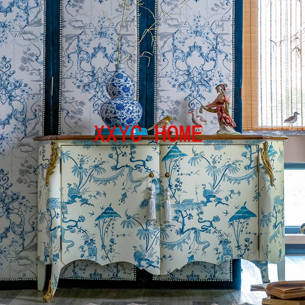 French Chinese Style Curio Cabinet Blue and White Hand Drawn High-End Locker