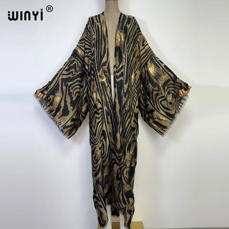 

WINYI autumn Cotton feeling gilding Leopard Print Beach Wear Swim Suit kimono Elegant Africa Women Boho Cardigan evening dress