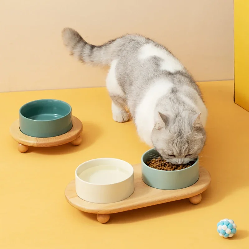 1800ML Ceramic Small Dog Food Water Bowl Elevated Cat Large Capacity Double Feeding Bowls with Wooden Stand Pet Drink Eat Feeder