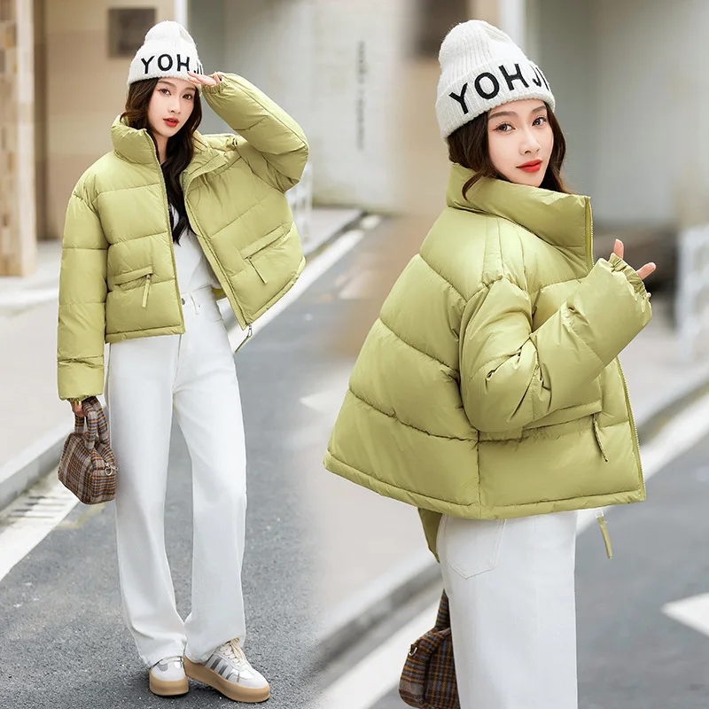 

Women's Winter Jacket New Female Pure Color Stand Collar Thicken Parkas Coat for Lady Casual Stylish Short Female Cotton Jacket