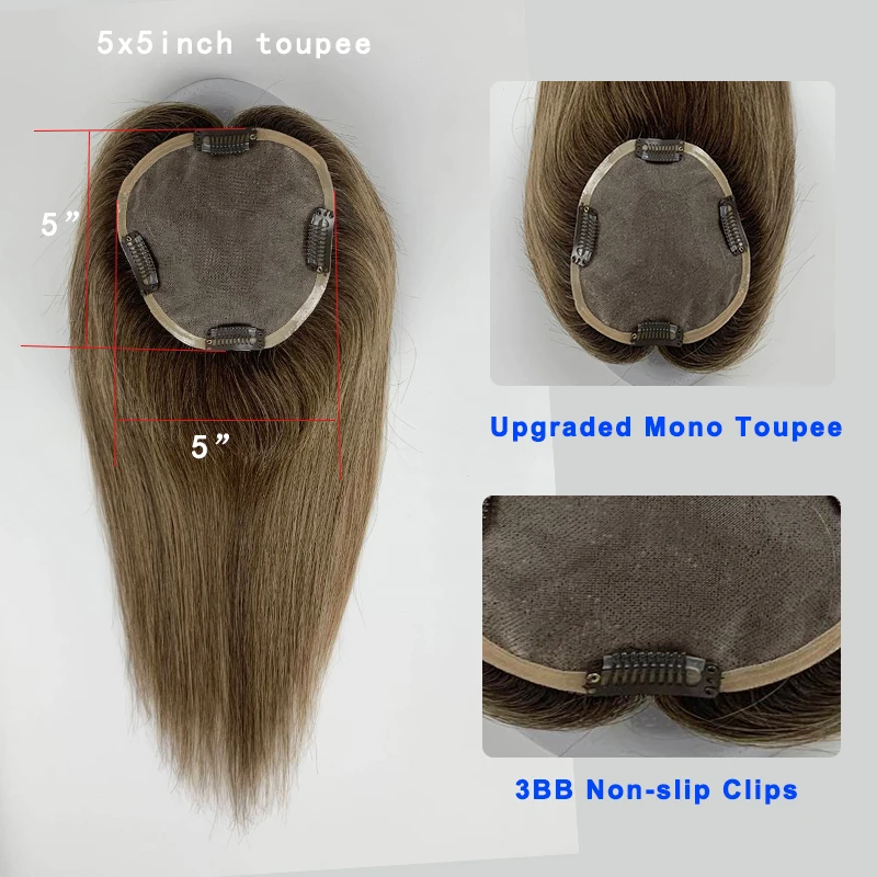 5*5 inch Best Russian Virgin Human Hair Mono Topper for Women With 3 Clips In Hair Topper Fine Hairpiece Natural Scalp Base