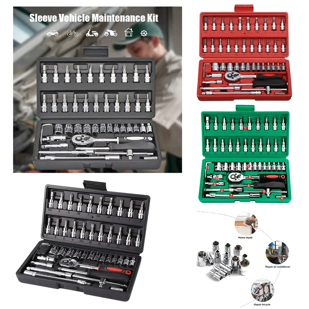Drive Socket Ratchet Wrench Set, Bit Socket Set, Metric e Barra de Extensão para Reparação Automática e Doméstica, 1/4 in, 46PCs