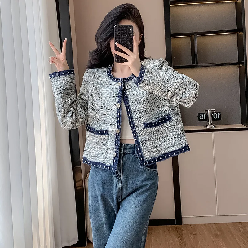 Grey women's coarse tweed round neck jacket 2025 new spring and autumn small fragrance woven belt temperament top