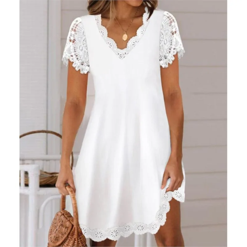 Summer New Solid Color Lace Short Sleeved V-neck Women\'s Dress Elegant White Loose Fitting A-line Dress Vestidos De Mujer Casual