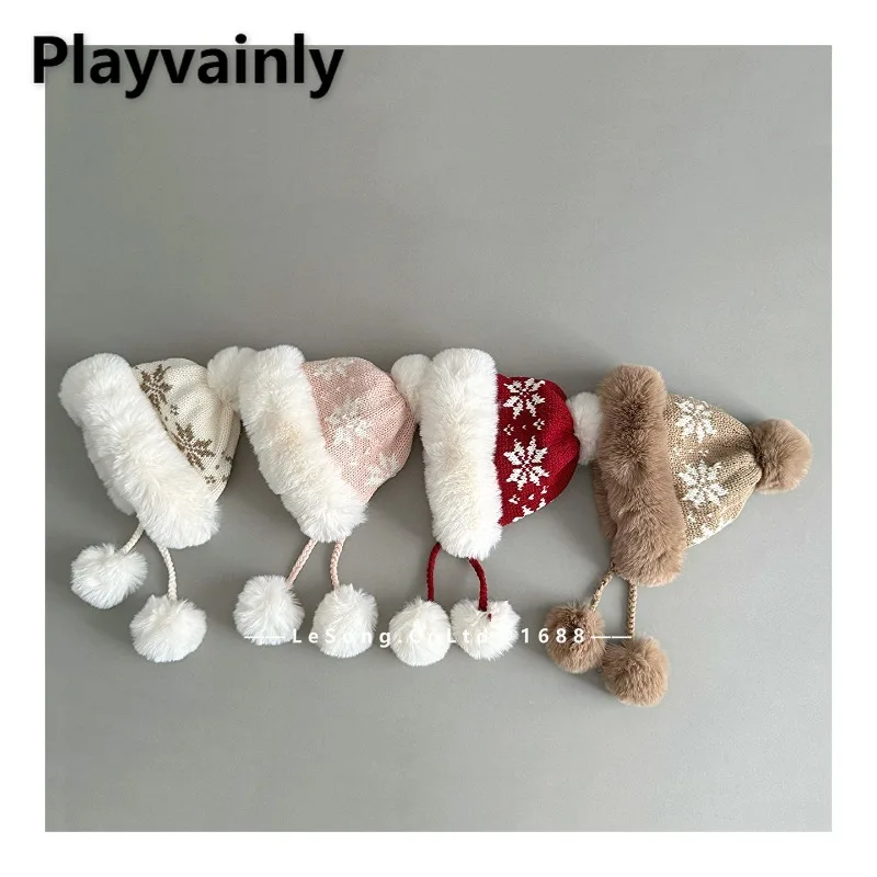 

Korean Style Children Winter Plush Warm Hat Retro Jacquard Fleece Lined Beanie with Pom Pom Toddler Kids Ear Flap Hat H2456