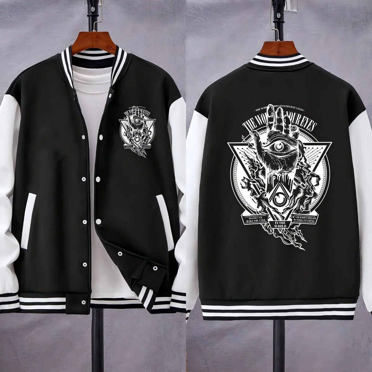 

The World Your Eyes In The Hand Prints Men Baseball Uniform Pocket Fleece Jacket Oversized Autumn Clothing All-Match Top