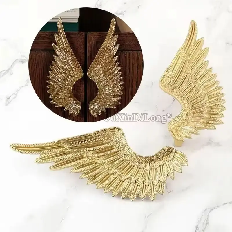 High Quality 1Pair Solid Brass French Angel Wings Furniture Handles Drawer Pulls Cupboard Wardrobe Kitchen TV Wine Cabinet Pulls