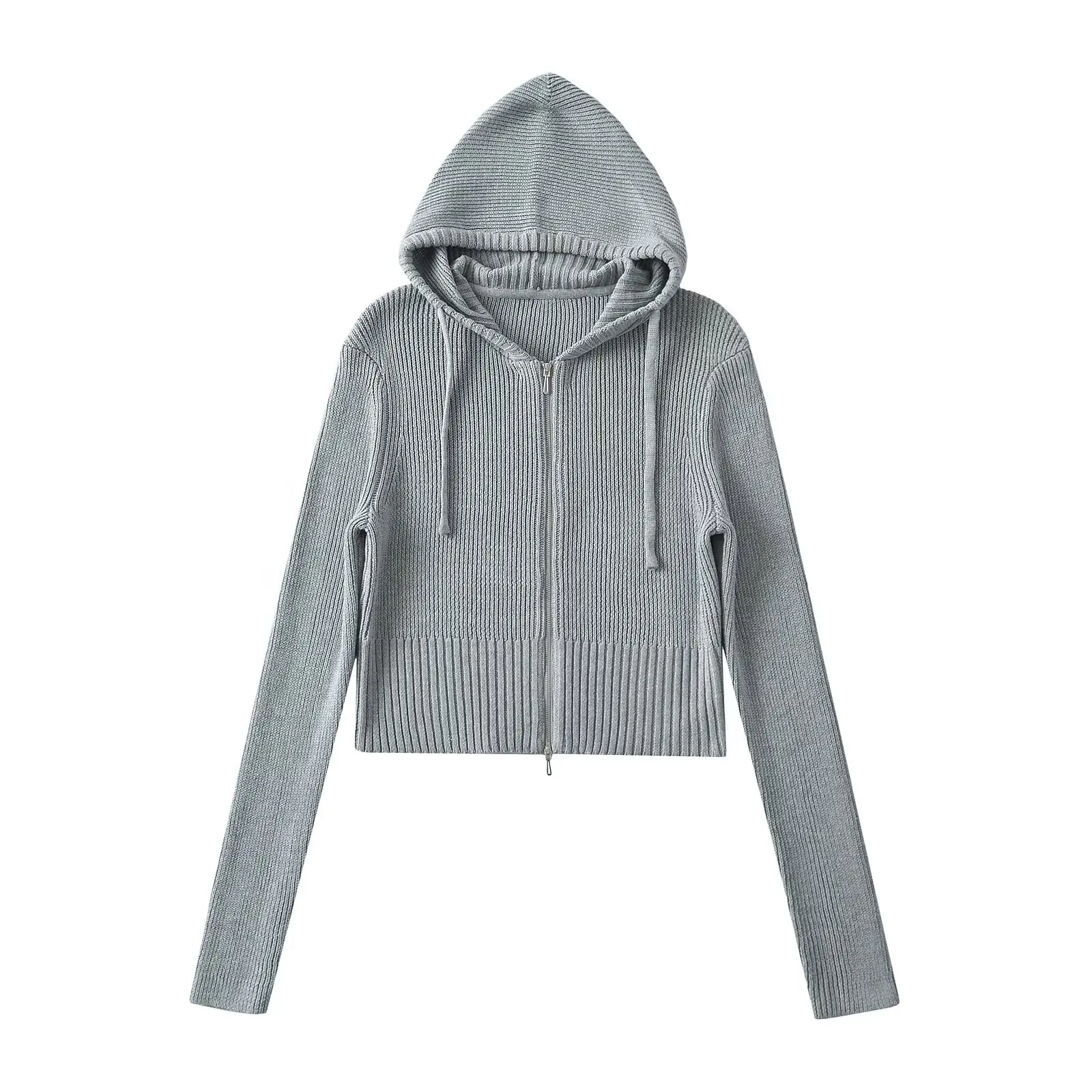 

American Sle Retro Hooded Zipper Knitted Cardigan Women's Spring Autumn Slim Fit ort Sve Long Women's Sweater Jaet