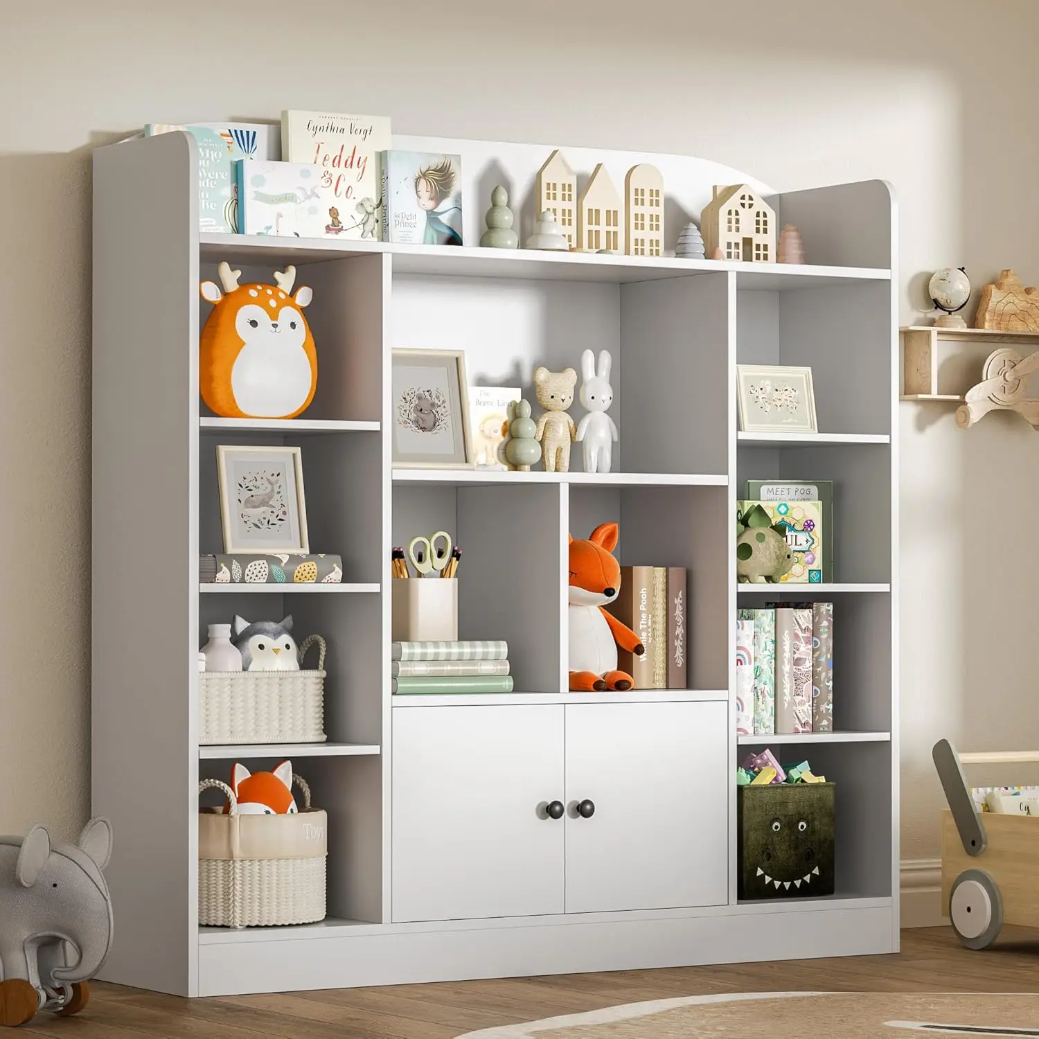 Kids Bookcase with 11 Cubbies and 2 Cabinets, Freestanding Book Storage Shelves for Bedroom, Playroom, Hallway