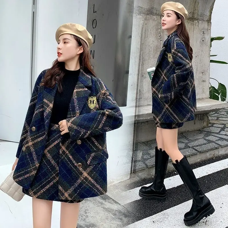 Two-Piece Small Fragrant Fashion Plaid Tweed Suit Jacket Skirt Women'S Autumn Winter Best-Selling Loose Design Suit