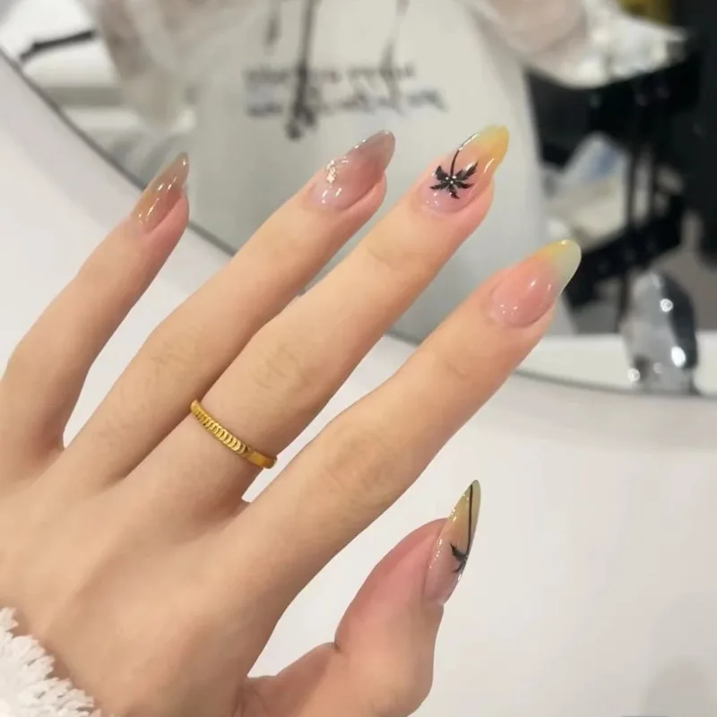 Uñas postizas con pegamento extraíble, uñas postizas de color almendra, 30 piezas de largo medio, para verano