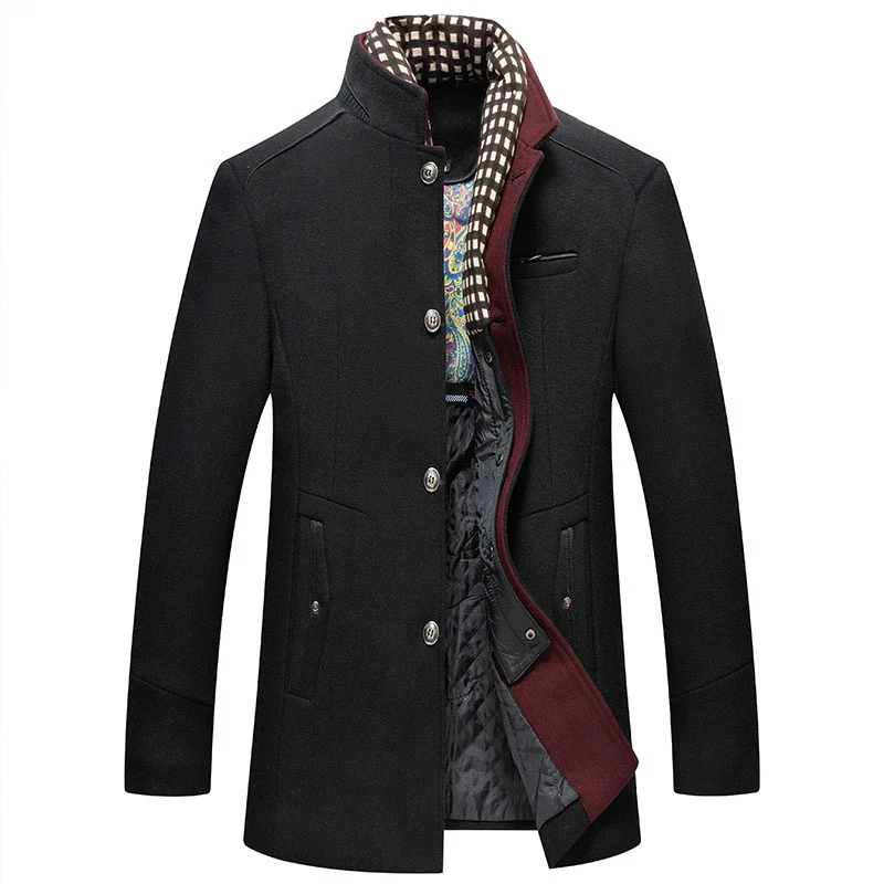 

Men's Black Wool Blend Coat with Detachable Plaid Scarfs Stand Collar Single Breasted Business Pea Coat Trench Coat Windbreaker