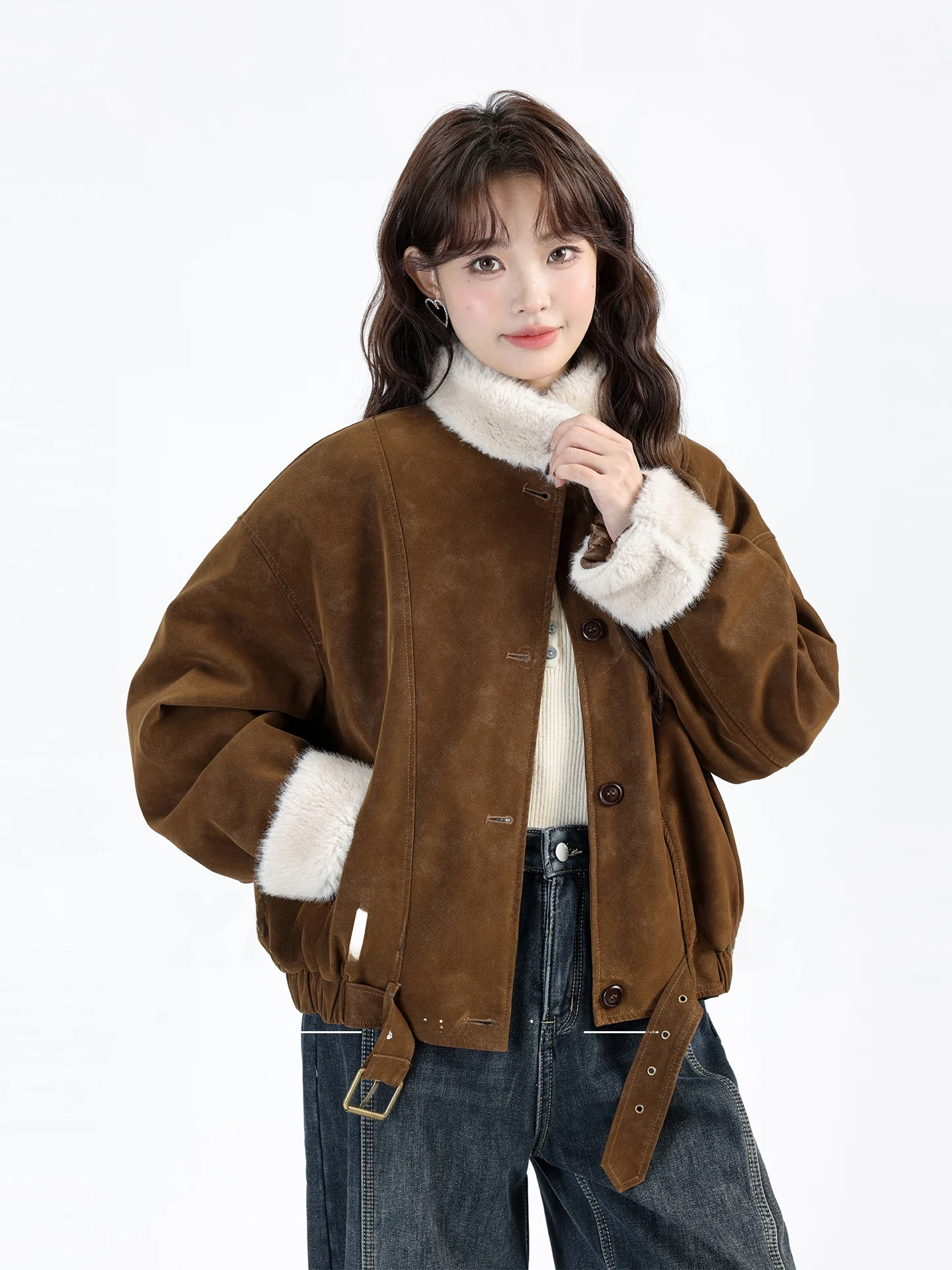 

Korean Sle ort Suede Jaet Winter Warm Fce Lined Loose Fur Inteated Barn Coat Ladies Faion Stand Fit ket