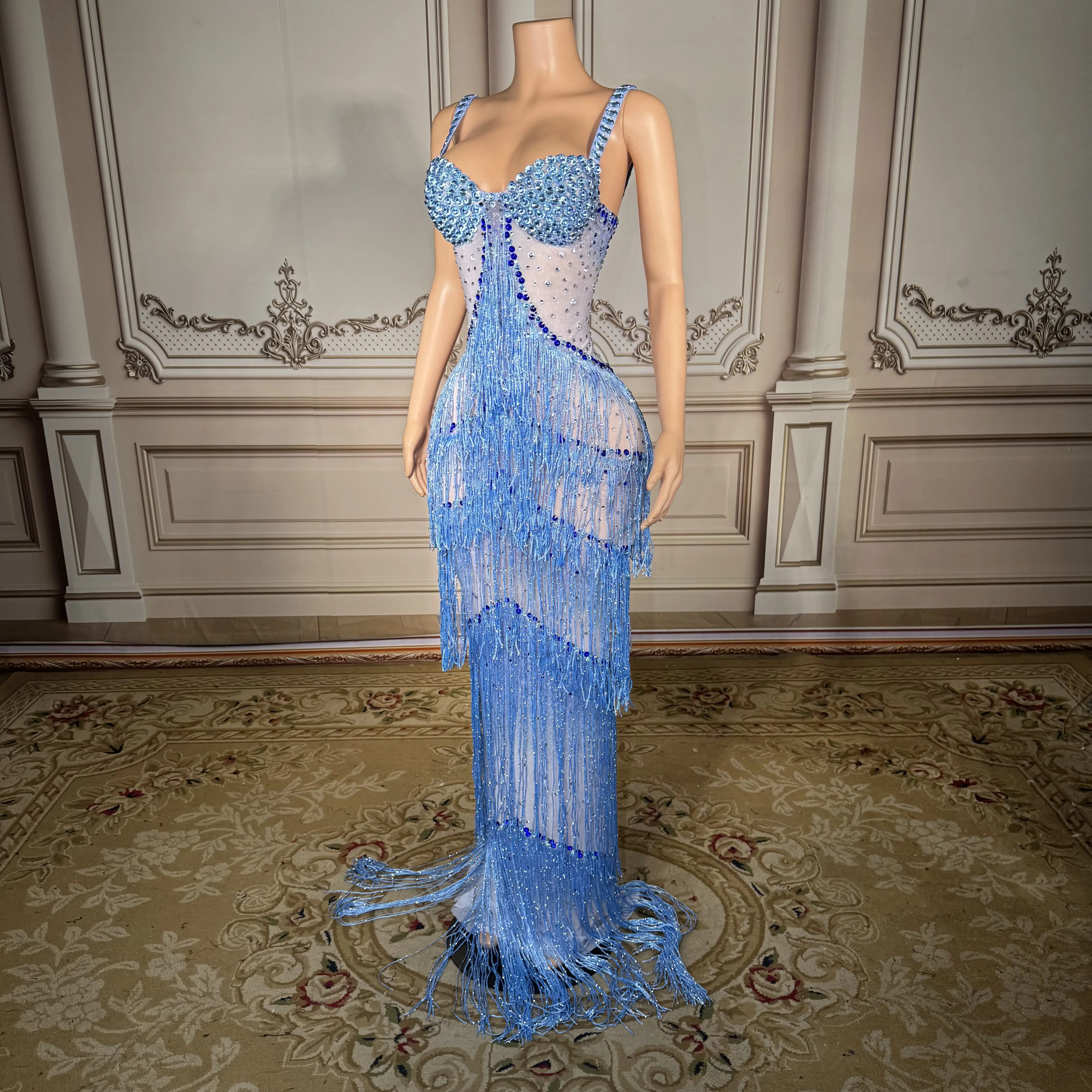 ZD Luxuriöses blaues Strass-Abendkleid mit Fransen für Damen – elegantes Quasten-Kristallkleid, sexy Party-Performance, langes Kleid 2025