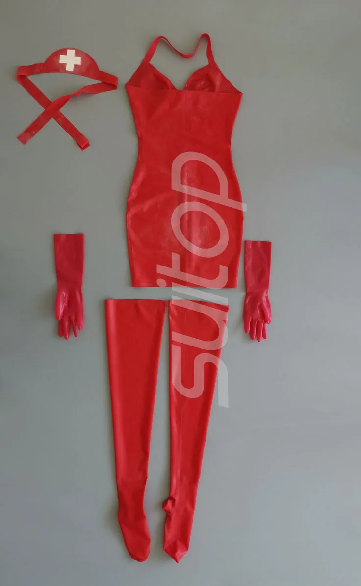 Women\'s latex nurse uniform in red (dress+stocking+cap+gloves)