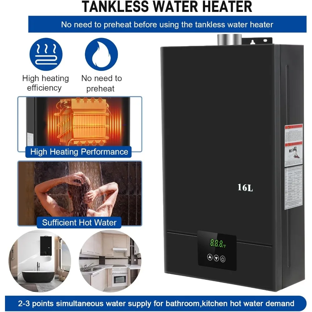 Tankless Water Heater Propane, 4.21GPM 16L Indoor,Instant Hot Propane Gas Water Heater,Constant Propane Water Heater (Black)