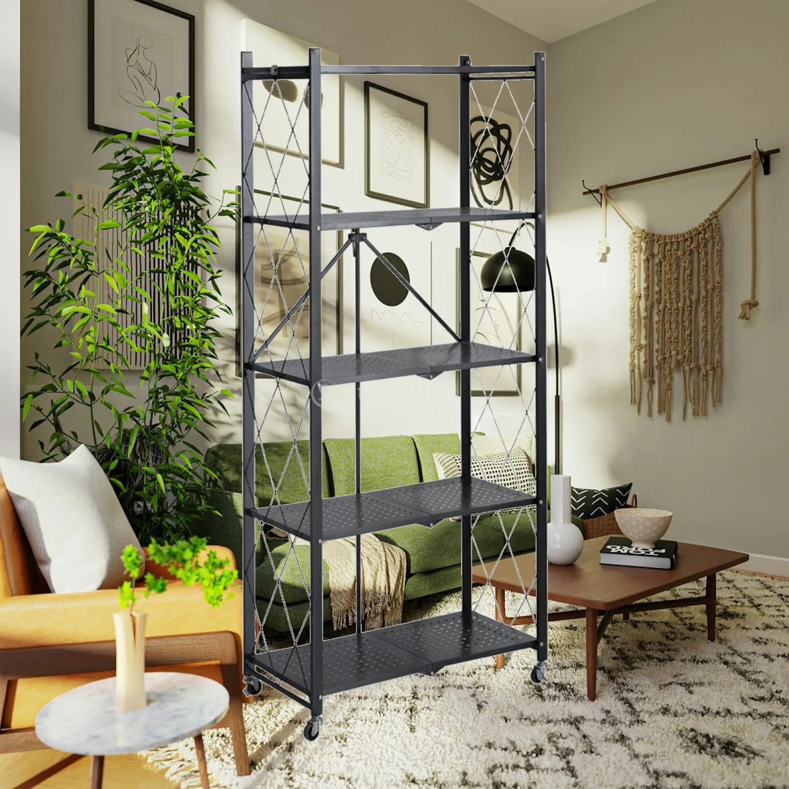 Foldable Bookshelf Organization Cart Utensils Rack Book Case Corner Shelf Holder