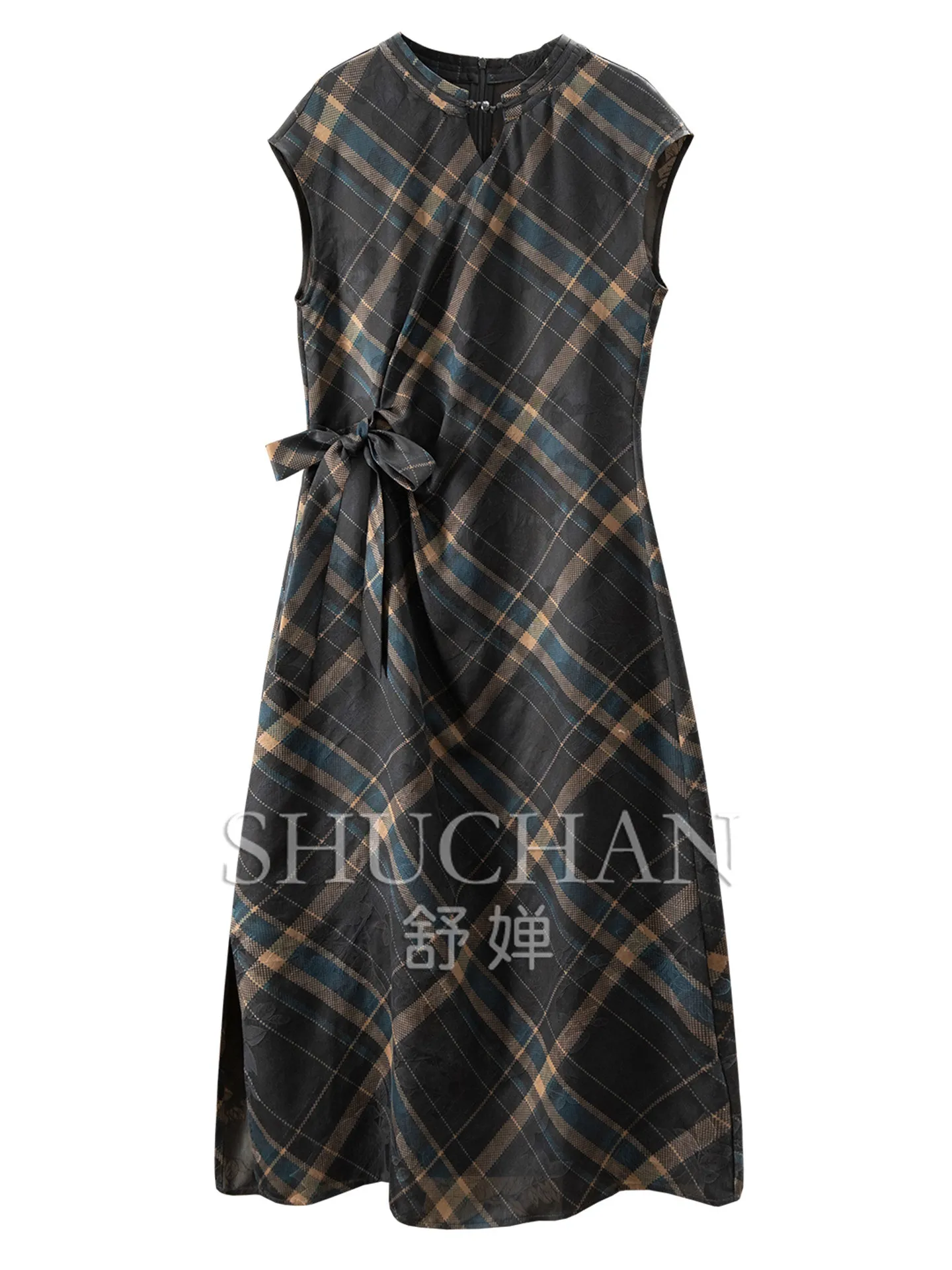SHUCHANT Dresses Summer British Plaid Heavy Silk Fragrant Cloud Yarn Waist Dress Women's 74L6 Vestidos Femininos Frete Grátis